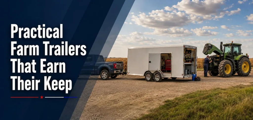 Enclosed cargo trailer set up as a mobile repair shop beside a tractor in a cornfield during harvest.